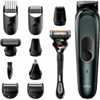 Триммер Braun MGK7321, 10-в-1 + бритва Gillette, 8 насадок, светодиодный индикатор уровня зарядки, 100 минут автономной работы, 13 установок длины, черный/серый