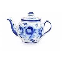 Гжельская мануфактура чайник заварочный, форма Янтарь, рисунок Роза, фарфор, 350 мл, 0.35 л, белый/синий