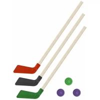 Детский хоккейный набор для игр на улице, свежем воздухе для зимы для лета 3 в 1/ Клюшка хоккейная детская 3 шт. 80 см красная, черная, зеленая +3 шайбы, Задира-плюс