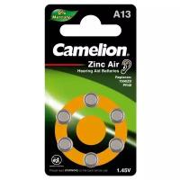 Camelion Батарейка ZA13 BL-6 Mercury Free A13-BP6 0%Hg, батарейка для слуховых аппаратов, 1.4 V,280mAh 6 шт. в уп-ке