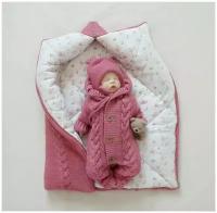 Зимний вязаный детский комплект на выписку, 3 предмета, смесовая пряжа 30% шерсть, MAMINY ZAPISKY, 62 размер (0-3мес), цвет розовый