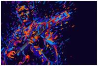 Постер на холсте Музыкант с гитарой, нарисованный крупными мазками синей и красной краски на чёрном фоне 45см. x 30см