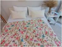 Покрывало-плед на кровать, накидка на диван, 1,5-спальное, 100% хлопок, Турция, 160*230 см, акварельные цветы на голубом