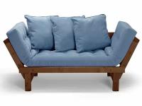 Маленький диван кушетка Свен, синий-орех, велюр, двухместный, массив дерева, на кухню, в салон красоты, офисный, скандинавский лофт