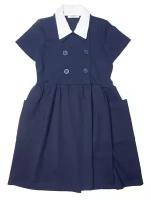 Синее школьное платье с двубортной застежкой и накладными карманами