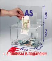 Ящик для пожертвований с информатором А5 и 3 пломбы, ящик для голосования, Размер 30х23х16 см, Материал ПЭТ, толщина 1,5 мм, А5