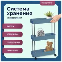 Этажерка Nesh. Стеллаж - полка в прихожую, на кухню, в спальню, в ванную, в детскую. Система хранения из 3 полок, на колесиках. Синий. OPT002592