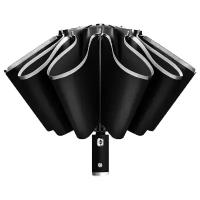 Чёрный зонт автомат мужской, женский, антиветер/антишторм, обратного сложения с фонариком