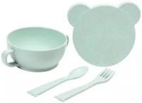 Набор детской ЭКО посуды: Миска с крышкой, ложка и вилка, цвет зелёный