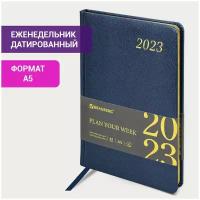 Еженедельник-планер (планинг) / записная книжка / блокнот датированный 2023 год А5 145х215мм Brauberg Iguana, под кожу, синий