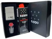 Подарочный набор ZIPPO ( Зажигалка ZIPPO 205 ZIPPO, серебристая, с покрытием Satin Chrome + кремни + топливо, 125 мл )