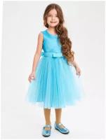 Платье нарядное атласное детское для девочки бирюзовое на рост 128-134 см с фатиновой юбкой