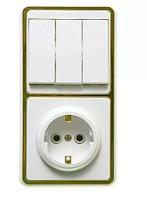 Блок БКВР-033 3-клавишный выключатель и розетка с заземлением золото (Бэлла)