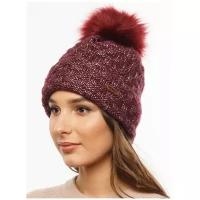 Женская зимняя шапка c помпоном, c отворотом, осенняя, теплая, вязаная, крупная вязка, с подкладом, шерстяная, цвет серебристо-красный
