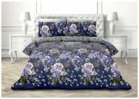 2 спальное постельное белье из поплина синее с цветами