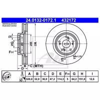 Диск тормозной передн, HONDA: ACCORD VIII 2.0 i/2.4/2.4 i 08-, ACCORD VIII универсал 2.0 i/2.2 i-DTEC 08- SUBARU: XV 2.0 D 11- ATE 24.0132-0172.1
