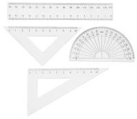 Набор чертежный 4 предмета (линейка 15 см, треугольник11 см/ 30*и 5 см/ 45*, транспортир) прозрачный