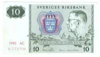 Банкнота номиналом 10 крон 1981 года. Швеция