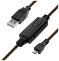 GCR Кабель активный 10.0m USB 2.0, AM/microB 5pin, GOLD, черно-прозрачный, с усилителем сигнала, разъём для доп. питания, 28/24 AWG