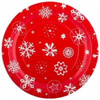 Тарелки бумажные Boomzee круглые, 6*6 шт, 12-снежинки на красном фоне (TRL-02)