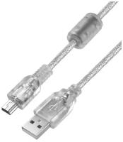 GCR Кабель 1.5m USB 2.0, AM/mini, прозрачный, ферритовое кольцо, 28/28 AWG, экран, армированный, морозостойкий