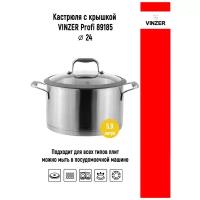 Кастрюля из нержавеющей стали с стеклянной крышкой Vinzer Profi Series 89185, 24см/5,9л