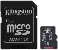 Карта памяти Kingston microSDHC 16 ГБ Class 10, V30, A1, UHS-I U3, R/W 100/80 МБ/с, адаптер на SD, черный