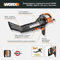 Воздуходув-Садовый Пылесос WORX WG505E, 3000Вт, 335 км/ч, 10м3/мин