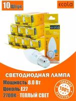 Лампа светодиодная (10шт) форма свечи Ecola LED 8,0W Premium, цоколь E27, теплый свет 2700K