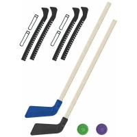Детский хоккейный набор для игр на улице, свежем воздухе Клюшка хоккейная детская 2 шт. синяя и чёрная 80 см.+2 шайбы + Чехлы для коньков черные 2 шт