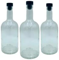 Бутылка стеклянная 700мл с черной пробкой Bottiglia Country Home (0,7 литра) для хранения домашних напитков, набор 3шт