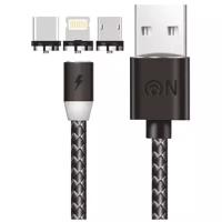 USB кабель - 8 pin, Type-C, микро USB FaisON FS-K-788 TRES, 1.0м, круглый, 2.1A, нейлон, в переплёте, 3 в 1, магнит, цвет: чёрный