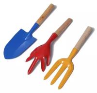 Набор садового инструмента, 3 предмета: совок, рыхлитель, вилка, длина 28 см, деревянные ручки