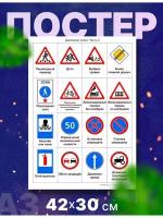 Постер для автошколы дорожные знаки, ПДД, А3, 42х30 см