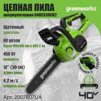 Цепная пила аккумуляторная Greenworks Арт. 2007807UA, 40V, 30 см, с 1xАКБ 2Ач и ЗУ