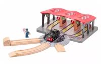 Депо для детской деревянной железной дороги, гараж для паровозов и поездов с развилкой