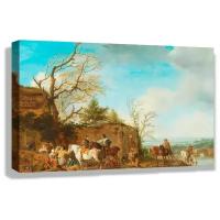 Картина 60x40 см на холсте Карель Фаленс - Прогулочная езда с напитками на фоне речного пейзажа
