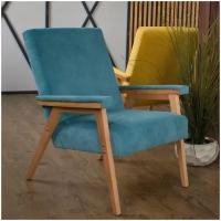 Кресло с деревянными подлокотниками Лама, массив бука, голубой