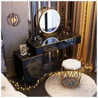 Туалетный столик 100 см черного цвета с рисунком под мрамор, тумбой и зеркалом (столик + тумба + умное зеркало + табурет)