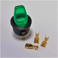 Выключатель клавишный круглый объемный 12V 16А (3с) ON-OFF зеленый с подсветкой (комплект с клеммами и термоусадкой)