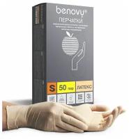 Перчатки смотровые латексные текстурированные неопудренные BENOVY размер S (50 пар/уп)