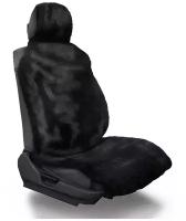 Меховая накидка на водительское автокресло или сиденье переднего ряда с подголовником из чёрного мутона универсальные с нескользящим подкладом