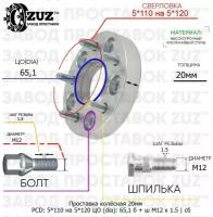 Проставка колёсная 20мм 5*110 на 5*120 ЦО 65,1 Крепёж в комплекте Болт + Шпилька М12*1,5 ступичная с бортиком переходная адаптер