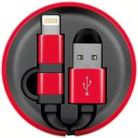 Кабель-рулетка Interstep MicroUSB + TypeC USB 2.0, 65587, черный, красный, 1 м