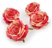 Искусственные цветки крупной розы темно-розовые, 13 см, 4 шт. в упаковке, для декора