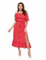 Платье сарафан в горох, открытые плечи с воланом, юбка колокольчик с воланом, бордовый цвет, размер L
