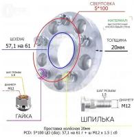 Проставка колёсная 20мм 5*100 ЦО 57,1 на 61 Крепёж в комплекте Гайка + Шпилька М12*1,5 ступичная с бортиком для дисков на ступицу 5x100 5х100