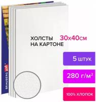 Холсты на картоне, Комплект 5 шт. (30х40 см), 280 г/м2, грунт, 100% хлопок, Brauberg Art Classic, 880348