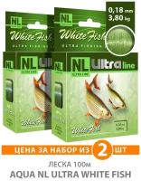 Леска для рыбалки AQUA NL ULTRA WHITE FISH (Белая рыба) 100m, 0,18mm, 3,80kg / для фидера, удочки, спиннинга, троллинга / светло-зеленый (набор 2 шт)