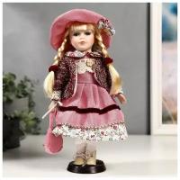 Кукла коллекционная керамика Алёна в розовом платье и бордовом джемпере 30 см